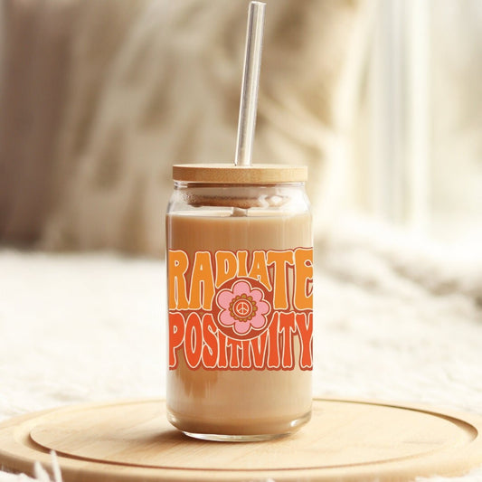 Retro Radiate Positivity Iced Coffee Cup Soda Beer Can Glass with Lid and Glass Straw