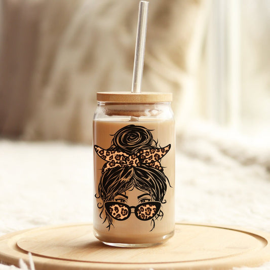 Leopard Mama Iced Coffee Cup Soda Beer Can Glass with Lid and Glass Straw