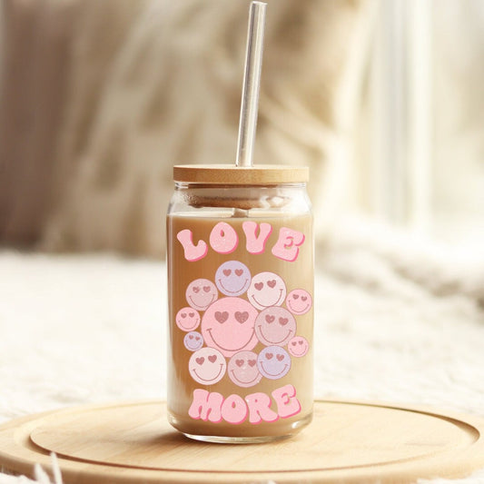 Retro Love More Iced Coffee Cup Soda Beer Can Glass with Lid and Glass Straw